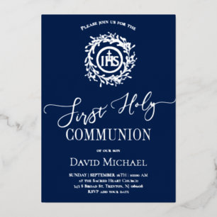 blue background First Holy Communion silver