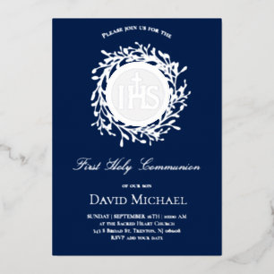 blue background First Holy Communion silver