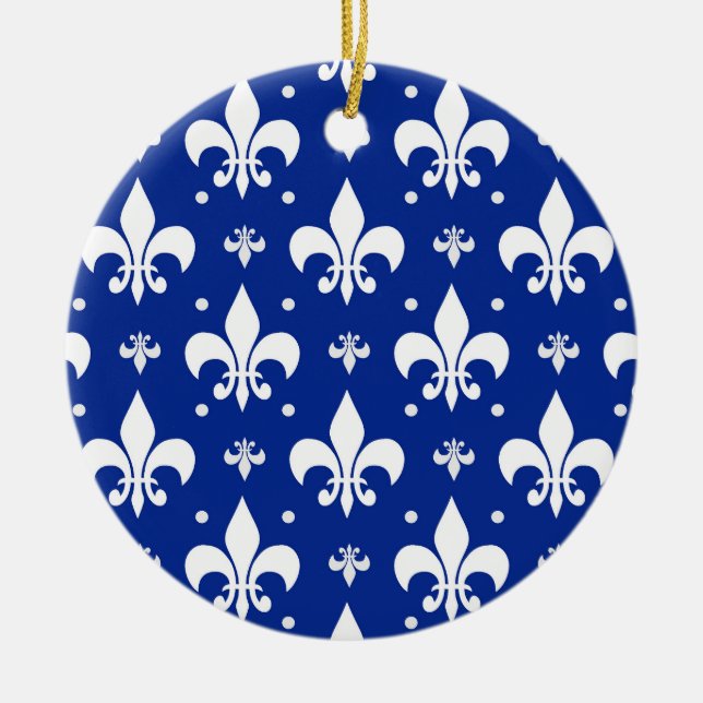 Blue Background Fleur-de-lis Pattern Design  Ceramic Tree Decoration (Front)