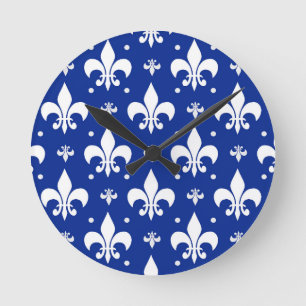 Blue Background Fleur-de-lis Pattern Design Round Clock