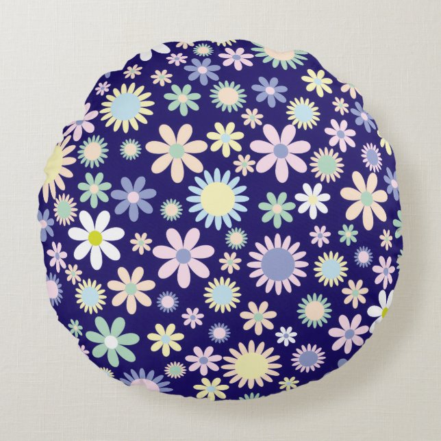 Blue Background Floral Pattern Round Cushion (Front)