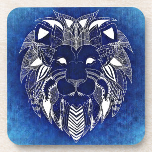 Blue Background Lion Cat Beverage Coasters