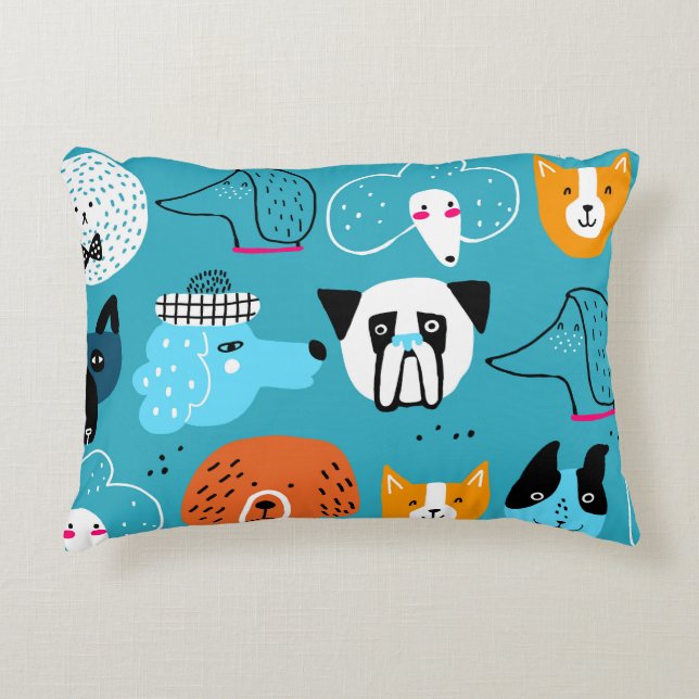 Blue Background, Playful Dog Pattern. Decorative Cushion (Front)