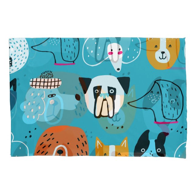 Blue Background, Playful Dog Pattern. Pillowcase (Front)