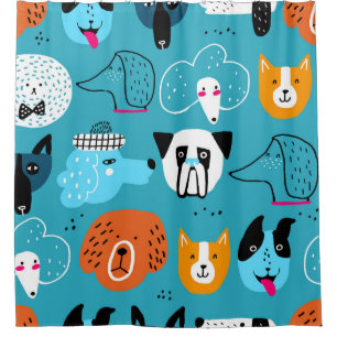 Blue Background, Playful Dog Pattern. Shower Curtain