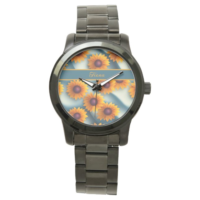 Blue background sunflower pattern watch (Front)