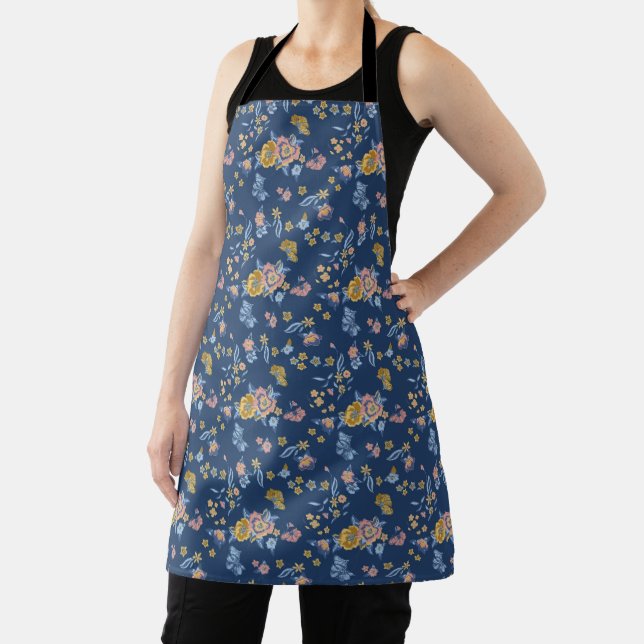 Blue Background Thread Effect Floral Pattern Apron (Insitu)
