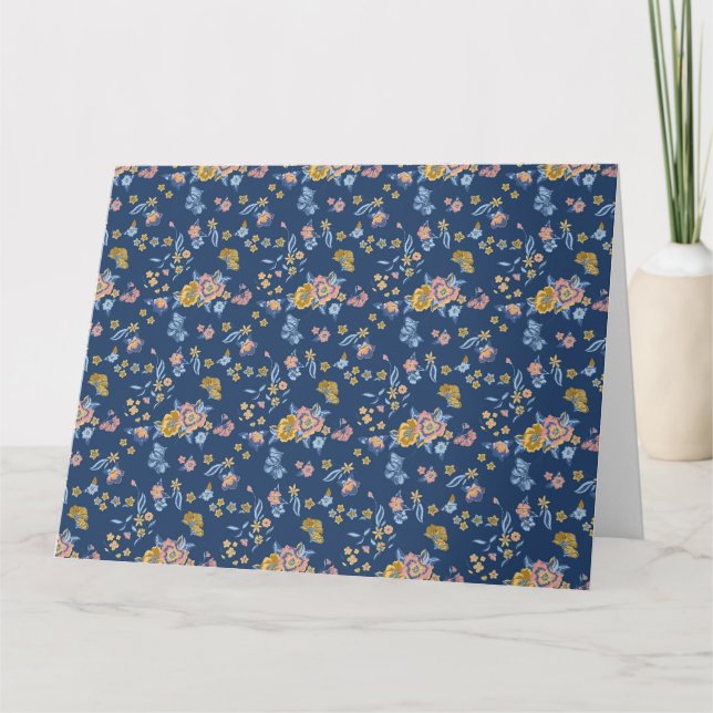 Blue Background Thread Effect Floral Pattern Thank You Card (Front)