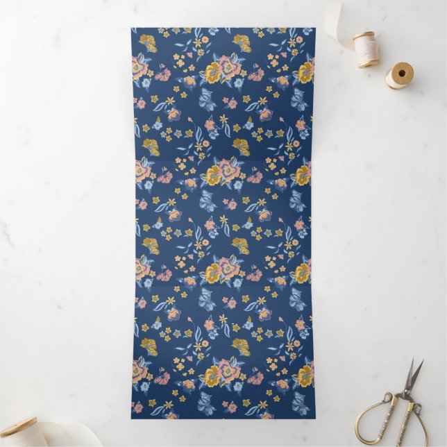 Blue Background Thread Effect Floral Pattern Tri-Fold Holiday Card (Inside)