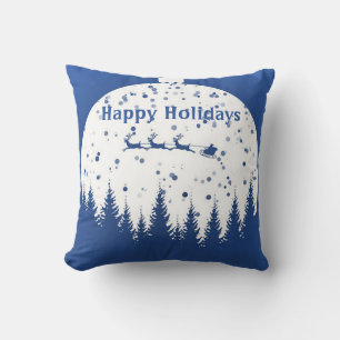 Blue Background with Christmas Ball and pine tree Cushion