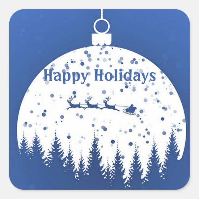 Blue Background with Christmas Ball and pine tree  Square Sticker (Front)