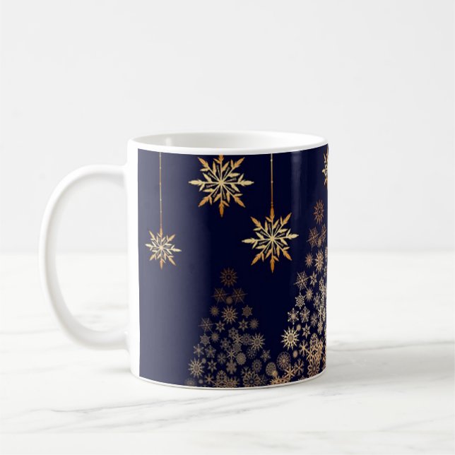 Blue Background with Golden Christmas Tree Coffee Mug (Left)