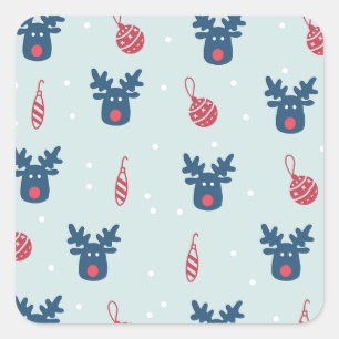 Blue Background With Rudolph and Christmas Balls Square Sticker