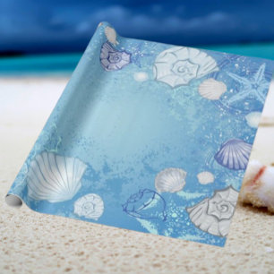 Blue Background with Seashells Wrapping Paper