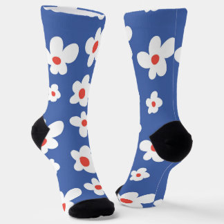 Blue Background with White and Red Daisy Flower Socks