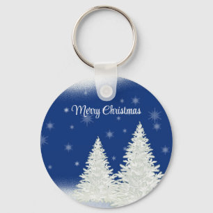 Blue Background With Withe Christmas Tree Key Ring