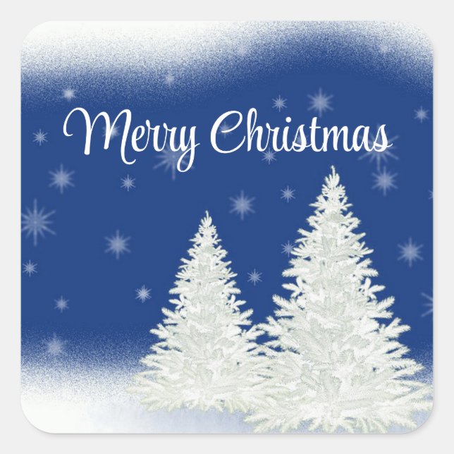 Blue Background With Withe Christmas Tree  Square Sticker (Front)