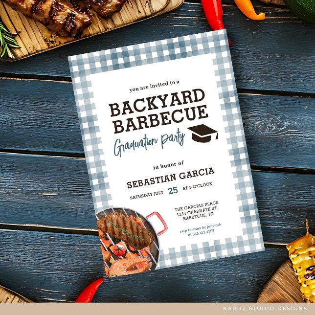 Blue Backyard BBQ Graduation Party Invitation (- Invite shown in 5 x 7 inches, choose size, paper and corner style. Buy print or digital invitation)