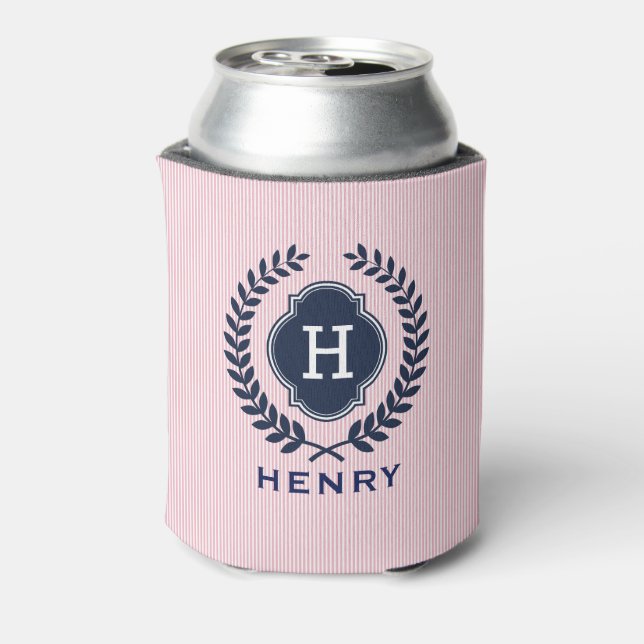 Blue Badge & Laurel Wreath Pink Background Can Cooler (Can Back)