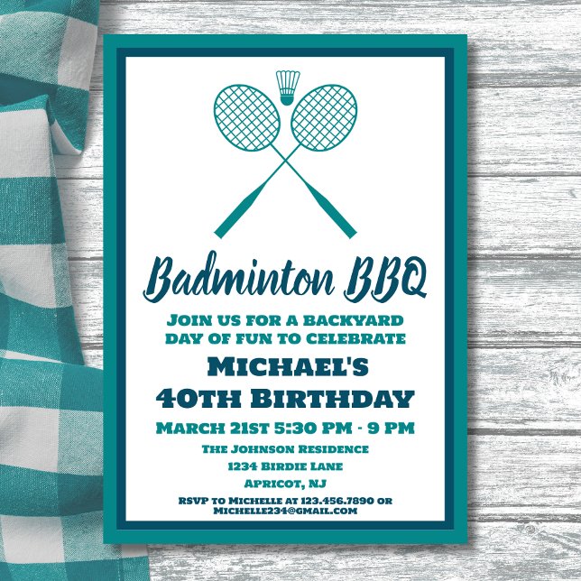 Blue Badminton BBQ Party Sports Birthday Invitation (Creator Uploaded)