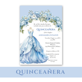 Blue Ball Gown Blue Floral Quinceañera |  Invitation