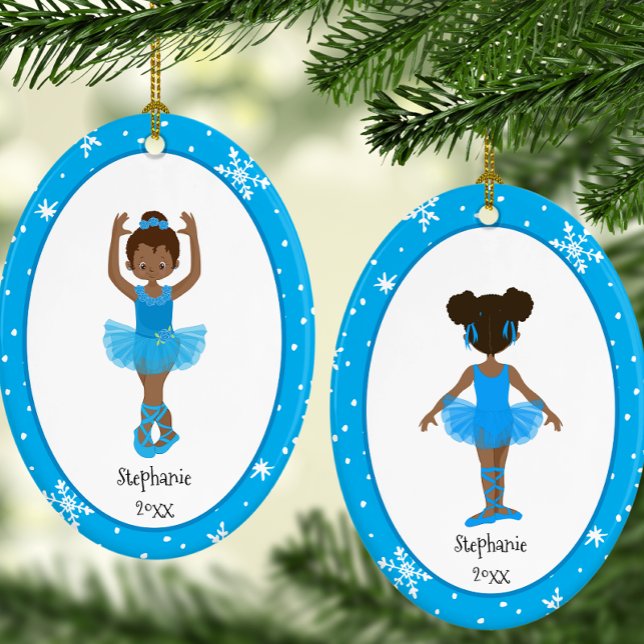 Blue Ballerina Snowflakes Personalised Christmas Ceramic Tree Decoration (Personalized Blue Ballerina Snowflakes Christmas Ceramic Ornament)