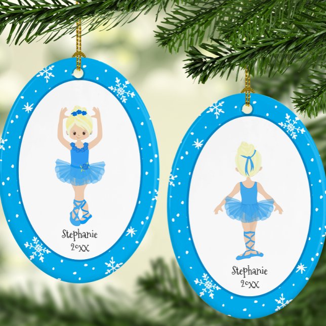 Blue Ballerina Snowflakes Personalised Christmas Ceramic Tree Decoration (Personalized Blue Ballerina Snowflakes Christmas Ceramic Ornament)