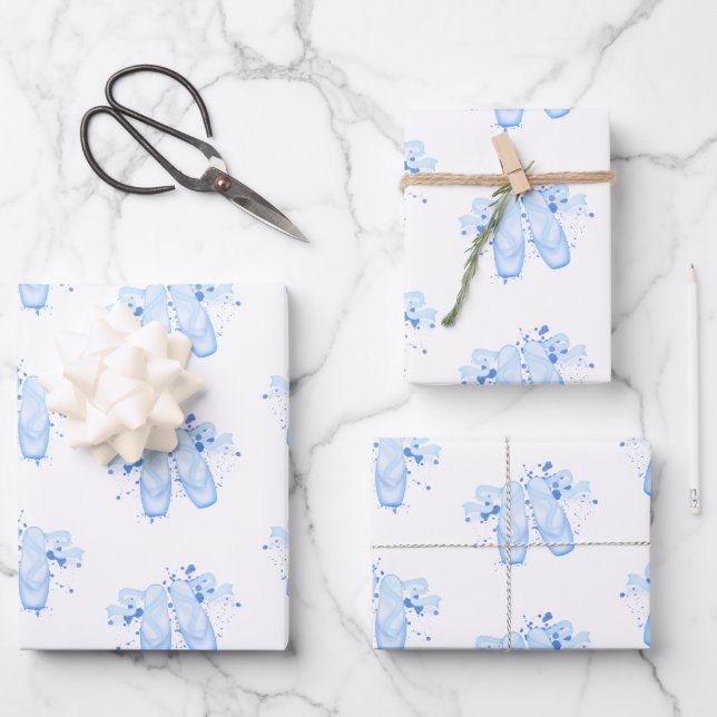 Blue Ballet Birthday Pointe Shoes Wrapping Paper Sheet (Front)