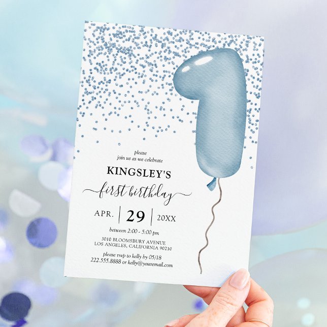 Blue Balloon 1st Birthday Party Invitation (Creator Uploaded)