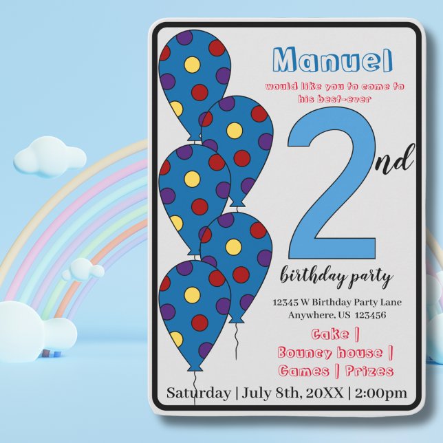 Blue Balloon 2nd Birthday Party Kids Invitation (Creator Uploaded)