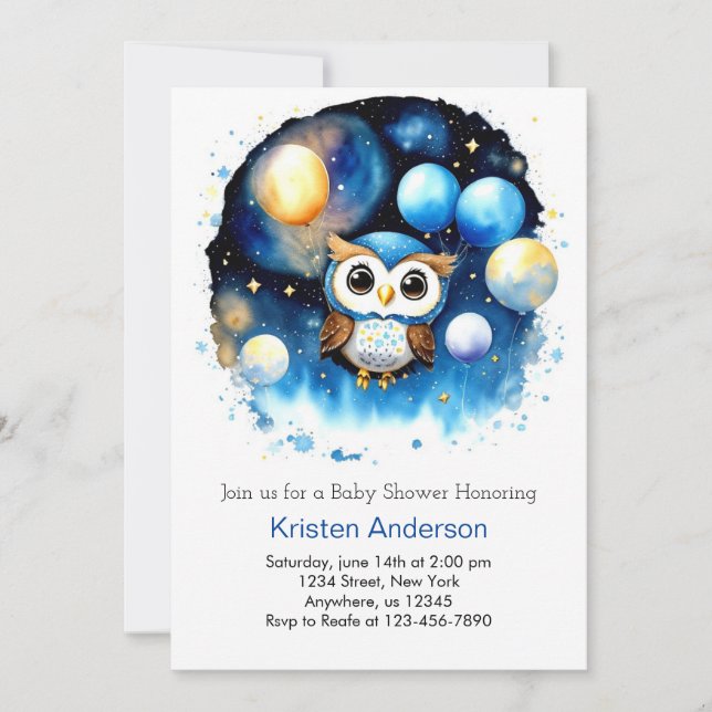 Blue Balloon Adventure Owl Boy Baby Shower Invitation (Front)