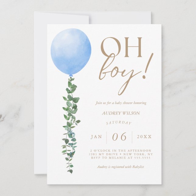 Blue Balloon Baby Boy Shower Invitation Oh Boy (Front)