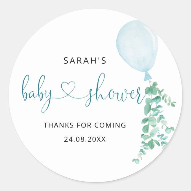 Blue Balloon Baby Shower Classic Round Sticker (Front)