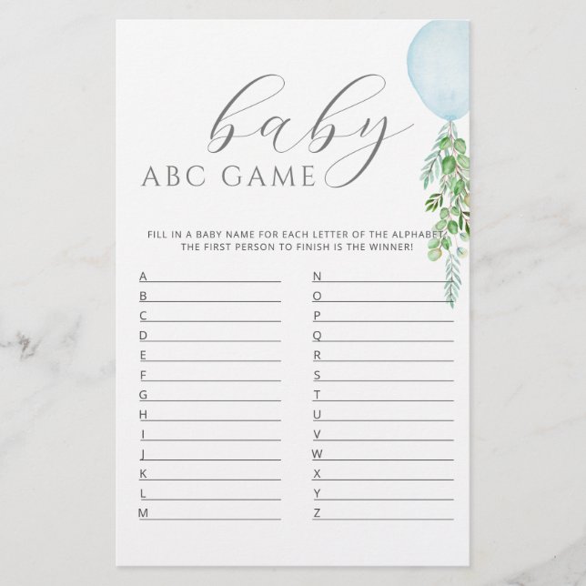 Blue Balloon Baby Shower Game ABC (Front)