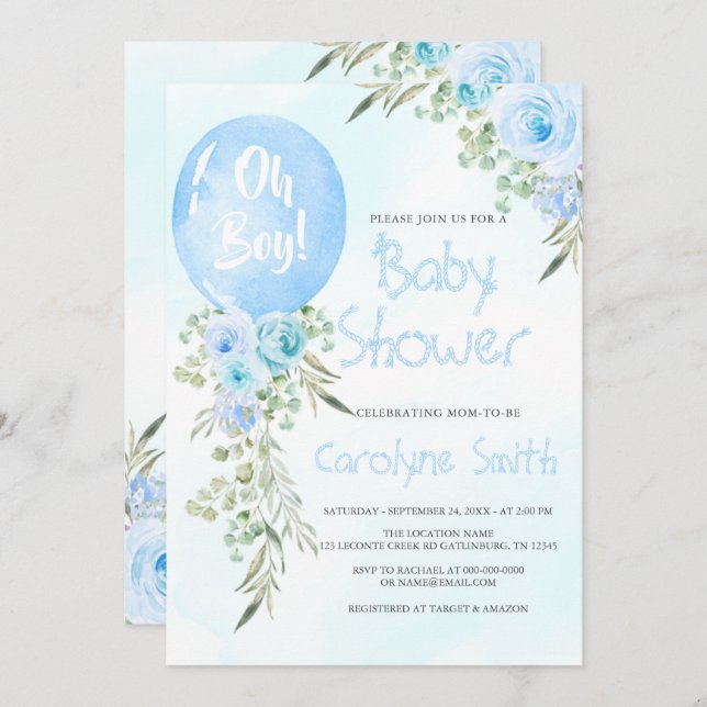 Blue Balloon Baby Shower Invitation (Front/Back)