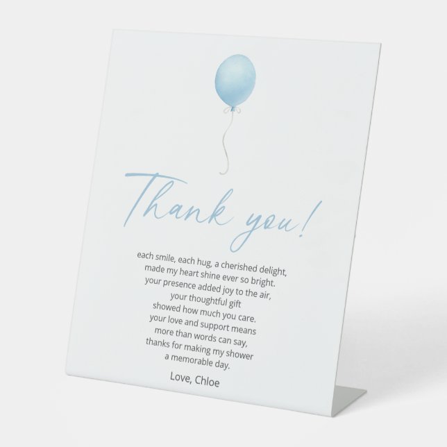Blue Balloon Baby Shower Thank You Poem Pedestal Sign (Front)
