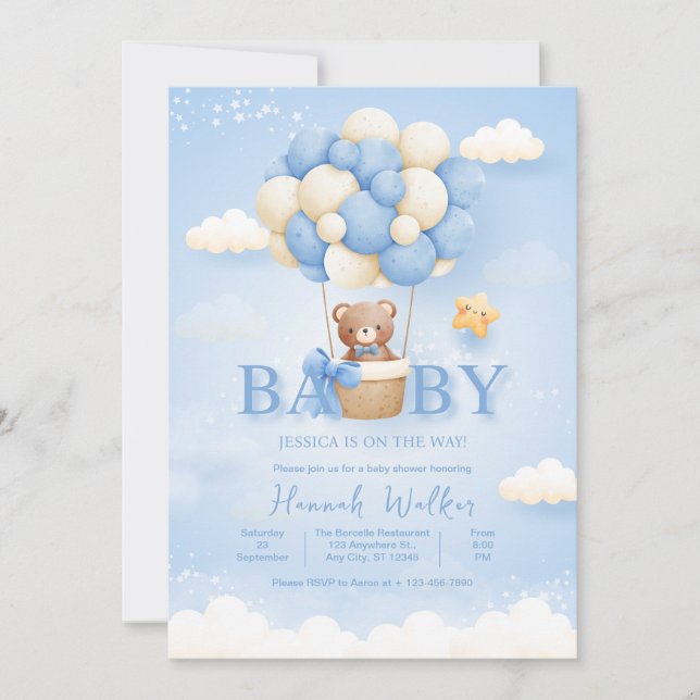 Blue Balloon Bear Baby Shower Invitation (Front)