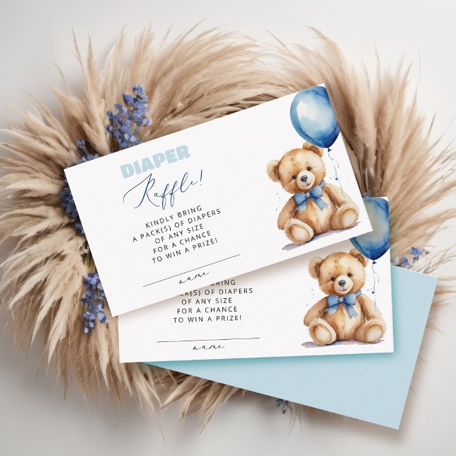 Blue Balloon Bear Diaper Raffle Boy Baby Shower Enclosure Card (Creator Uploaded)