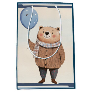 Blue Balloon Bear in Brown Sweater Plaid Scarf Medium Gift Bag
