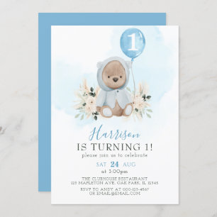 Blue Balloon Boho Teddy Bear 1st Birthday Invitation