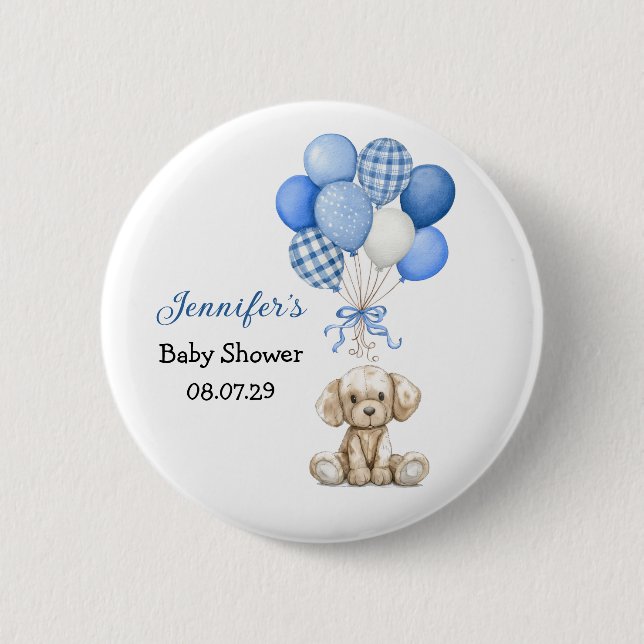 Blue Balloon Boy Baby Shower Button (Front)
