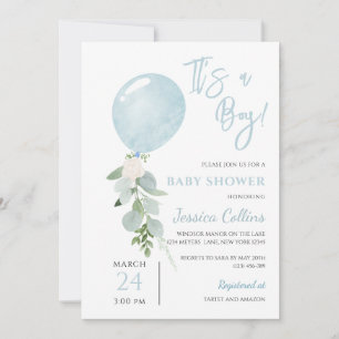 Blue Balloon Boy Baby Shower Invitation