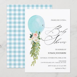 Blue Balloon Calligraphy Script Baby Shower Invitation