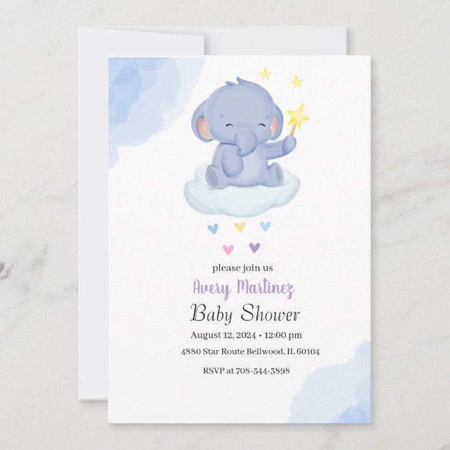 Blue Balloon Cute Elephant Baby Shower Invitation (Front)