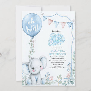 Blue Balloon cute elephant baby shower invitation