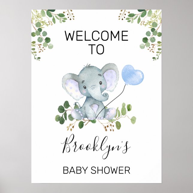 Blue Balloon Elephant Baby Shower Welcome Sign (Front)