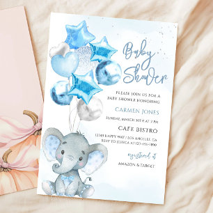 Blue Balloon Elephant Boy Baby Shower Invitation