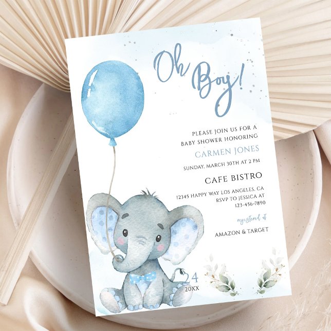 Blue Balloon Elephant Boy Baby Shower Invitation (Creator Uploaded)