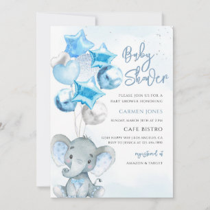 Blue Balloon Elephant Boy Baby Shower Invitation