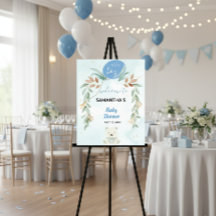 Blue balloon eucalyptus baby shower welcome sign